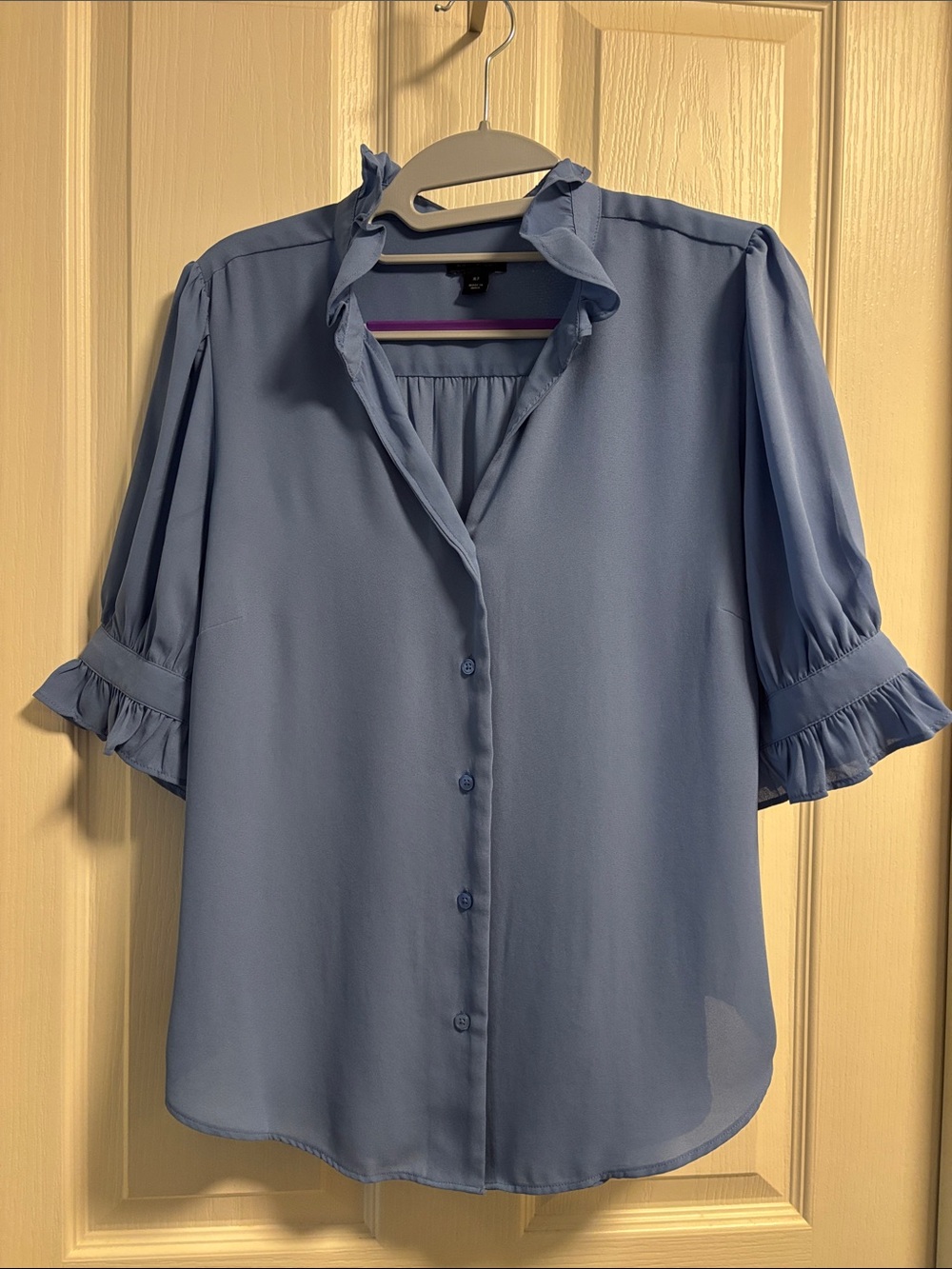 Blue Ruffled Sleeve Button-Front Women's Blouse